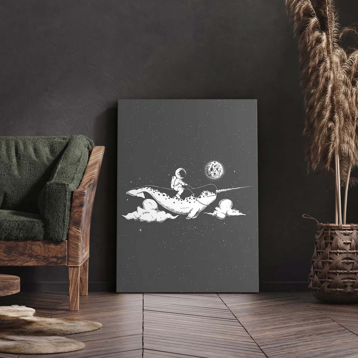 Bild auf Leinwand - Leinwandbild - Ein Astronaut auf dem Rücken eines Narwals, der in einer Weltraumszene schwimmt. - 50x70cm - Weltraumreiter - Moderne Wanddekoration für Wohnzimmer und Schlafzimmer ARTTOR