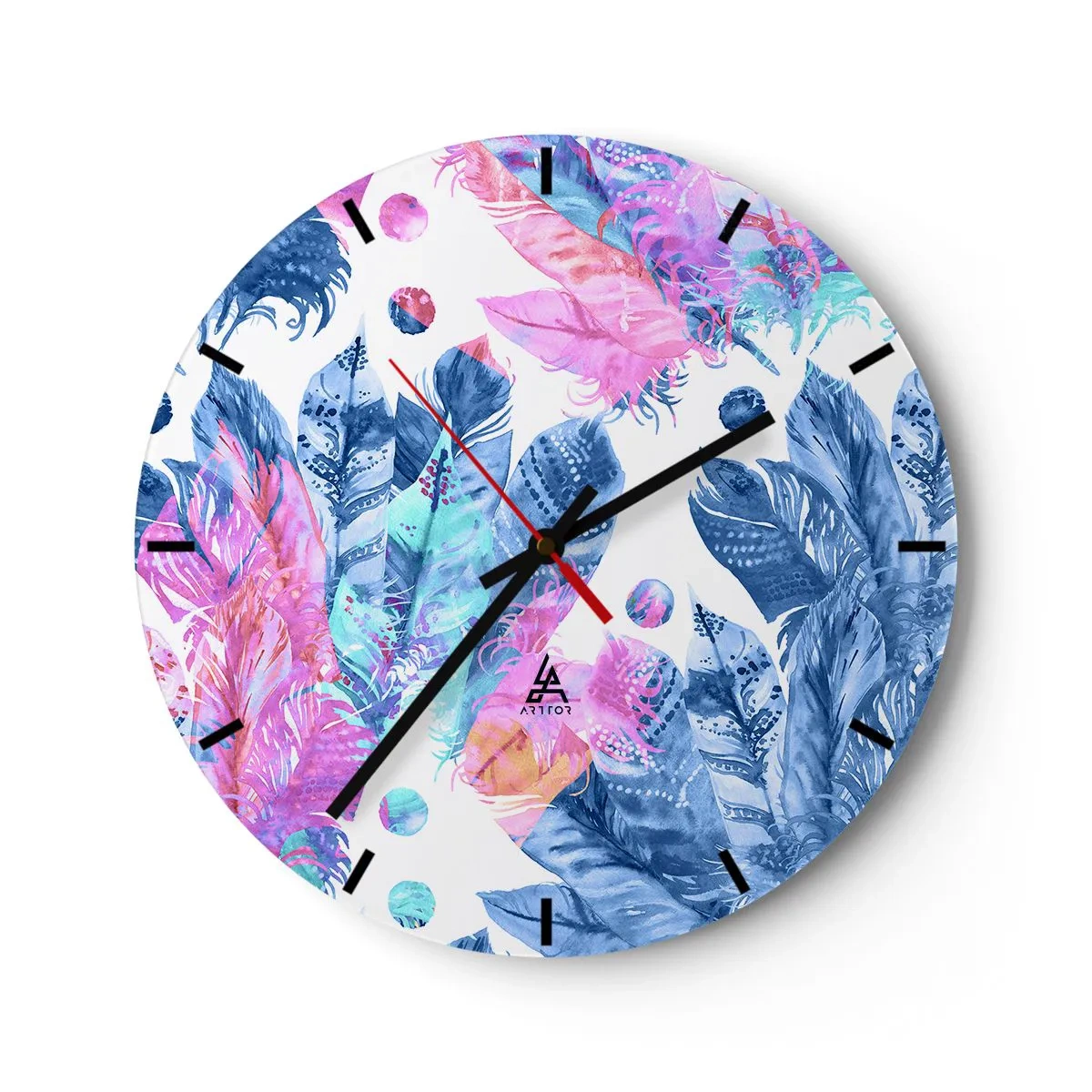 Wanduhr - Glasuhr - Bunte Federn im Aquarellstil - 30x30cm - Pflaumen in Pink und Blau - Moderne Wanddekoration für Wohnzimmer, Küche und Schlafzimmer ARTTOR