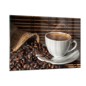 Glasbild - Bild auf glas - Eine Tasse Kaffee mit Bohnen auf rustikalem Hintergrund - 120x80cm - Die Schwärze von Kohle, die Klarheit von Bernstein - Moderne Wanddekoration für Wohnzimmer und Schlafzimmer ARTTOR