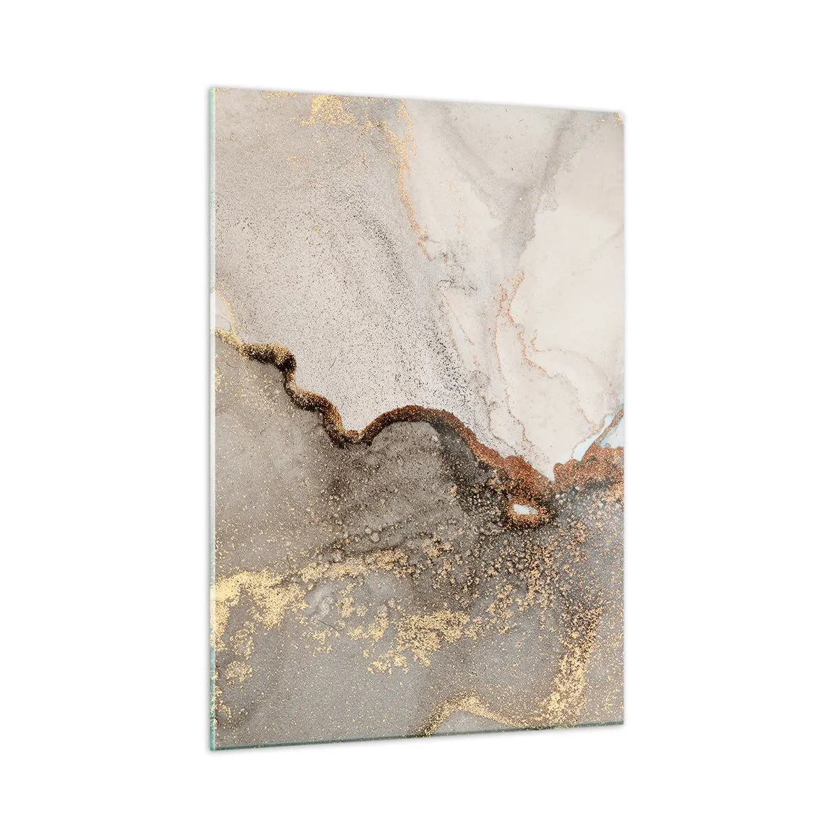 Glasbild - Bild auf glas - Abstrakte Komposition mit Beige, Gold und Graphit - 50x70cm - An der Grenze der Farben - Moderne Wanddekoration für Wohnzimmer und Schlafzimmer ARTTOR
