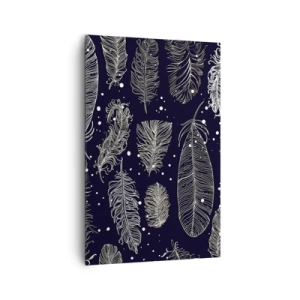 Bild auf Leinwand - Leinwandbild - Zarte weiße Federn auf marineblauem Hintergrund - 80x120cm - Gefiederte Spitze - Moderne Wanddekoration für Wohnzimmer und Schlafzimmer ARTTOR