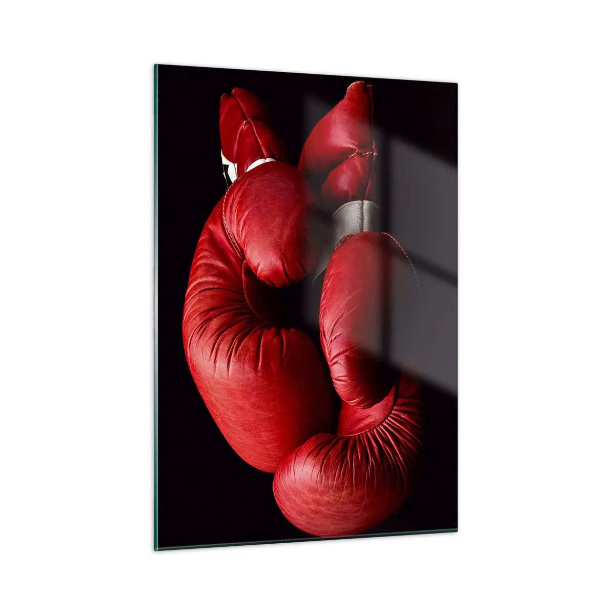 Glasbild - Bild auf glas - Rote Boxhandschuhe auf schwarzem Hintergrund - 50x70cm - Die Emotionen des Kampfes liegen hinter uns - Moderne Wanddekoration für Wohnzimmer und Schlafzimmer ARTTOR