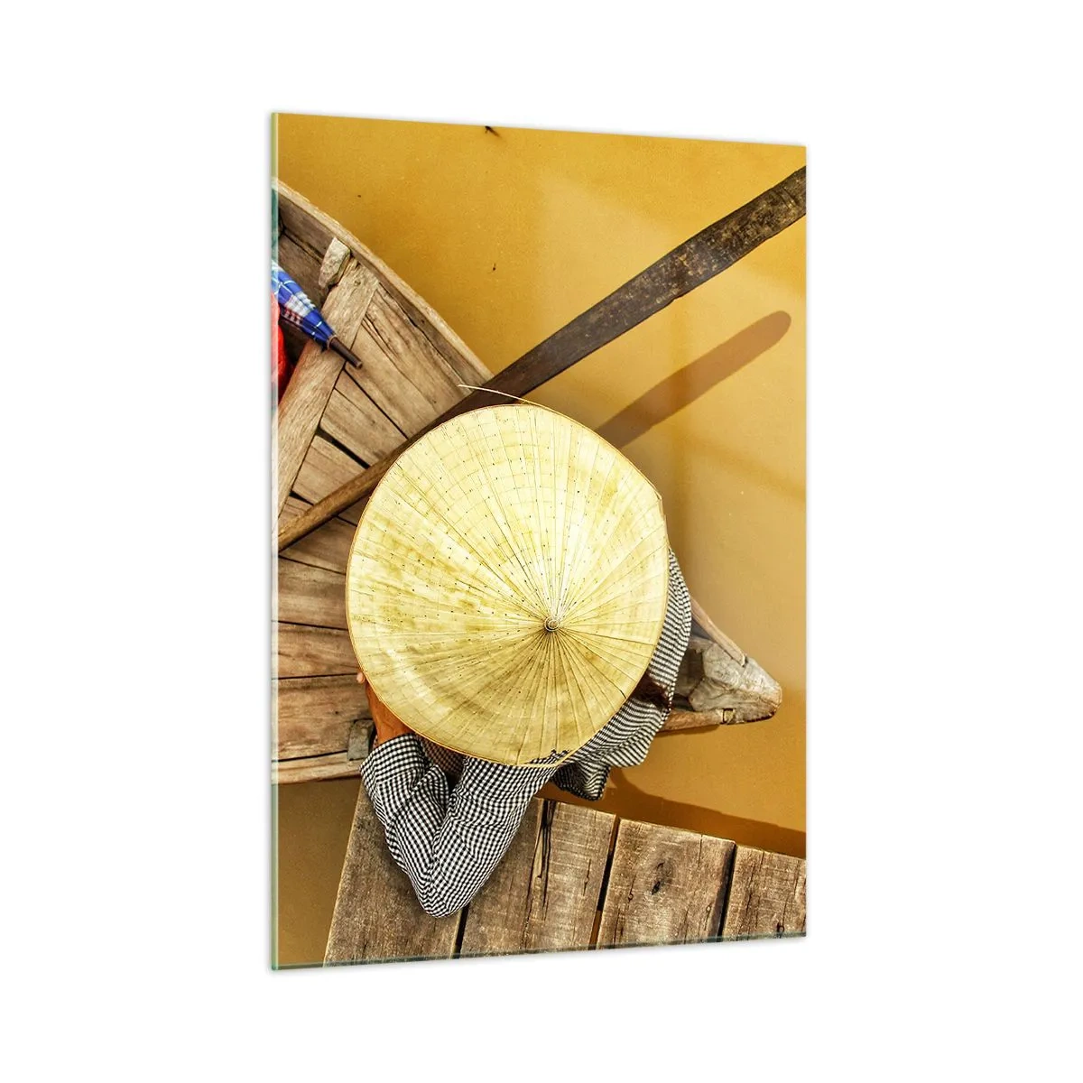Glasbild - Bild auf glas - Draufsicht auf ein Boot und eine Person mit einem konischen Hut - 50x70cm - Leben am Gelben Fluss - Moderne Wanddekoration für Wohnzimmer und Schlafzimmer ARTTOR