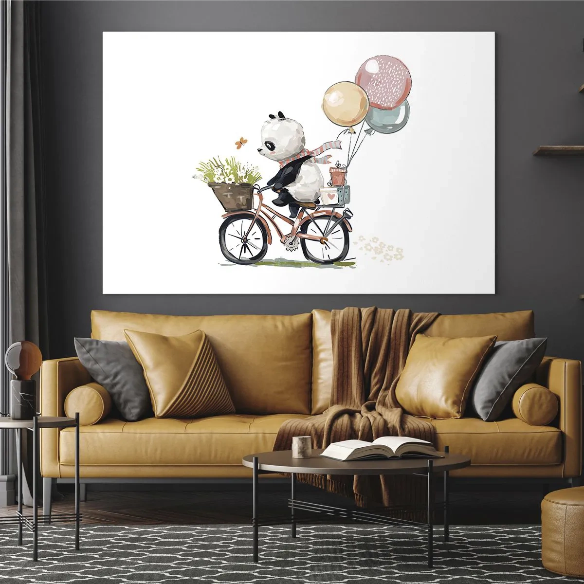 Glasbild - Bild auf glas - Ein Panda auf einem Fahrrad mit Luftballons und einem Blumenkorb. - 120x80cm - Glücklicher Tag - Moderne Wanddekoration für Wohnzimmer und Schlafzimmer ARTTOR