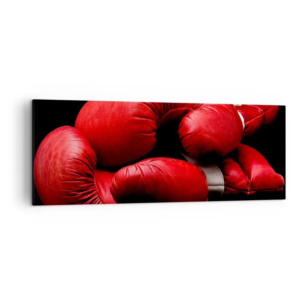 Bild auf Leinwand - Leinwandbild - Rote Boxhandschuhe auf schwarzem Hintergrund - 140x50cm - Die Emotionen des Kampfes liegen hinter uns - Moderne Wanddekoration für Wohnzimmer und Schlafzimmer ARTTOR