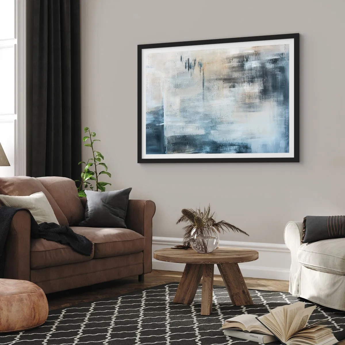 Poster in einem schwarzem Rahmen - Abstrakte Komposition in Blau- und Grautönen - 70x50cm - Hinter dem blauen Vorhang - Moderne Wanddekoration für Wohnzimmer und Schlafzimmer ARTTOR
