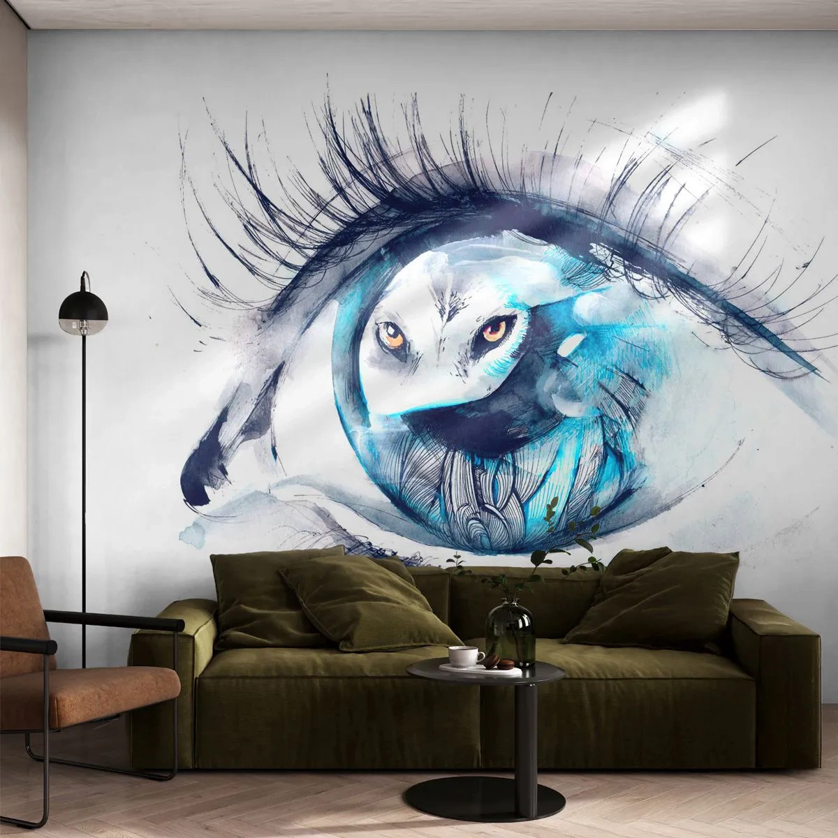 Maßgeschneiderte Fototapete Standard Eco - Auge in Auge mit Wildheit - Abstraktion, Auge, Eule
