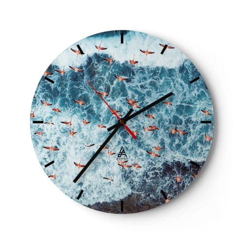Wanduhr - Glasuhr - Ein Schwarm Flamingos über den Meereswellen aus der Vogelperspektive gesehen - 30x30cm - Die Küstenparade - Moderne Wanddekoration für Wohnzimmer, Küche und Schlafzimmer ARTTOR