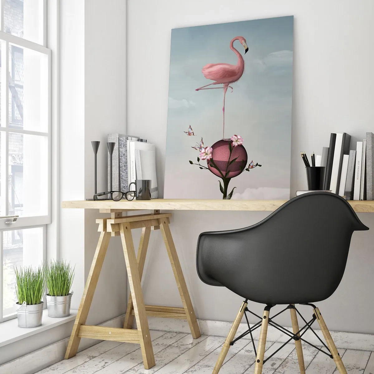 Glasbild - Bild auf glas - Ein rosa Flamingo balanciert auf einem Blumenball - 80x120cm - Basketball-Allegorie - Moderne Wanddekoration für Wohnzimmer und Schlafzimmer ARTTOR