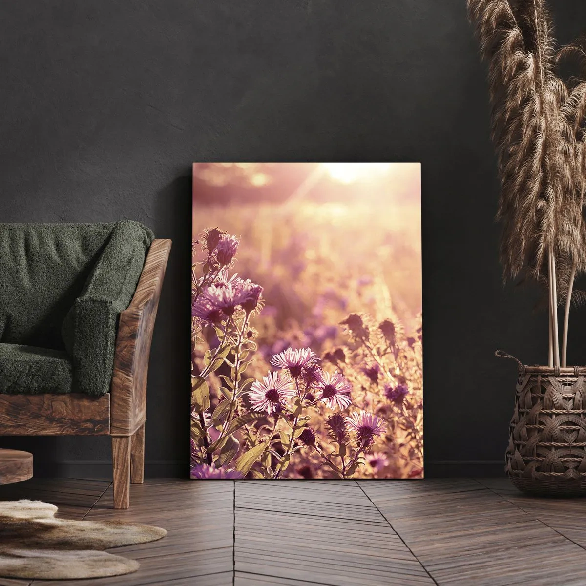 Bild auf Leinwand - Leinwandbild - Wiese im Licht der untergehenden Sonne - 50x70cm - Bevor der Sommer vorbei ist - Moderne Wanddekoration für Wohnzimmer und Schlafzimmer ARTTOR