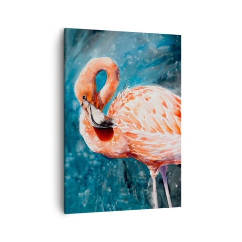 Bild auf Leinwand - Leinwandbild - Ein rosa Flamingo auf einem aquarellblauen Hintergrund - 50x70cm - Von Natur aus dekorativ - Moderne Wanddekoration für Wohnzimmer und Schlafzimmer ARTTOR