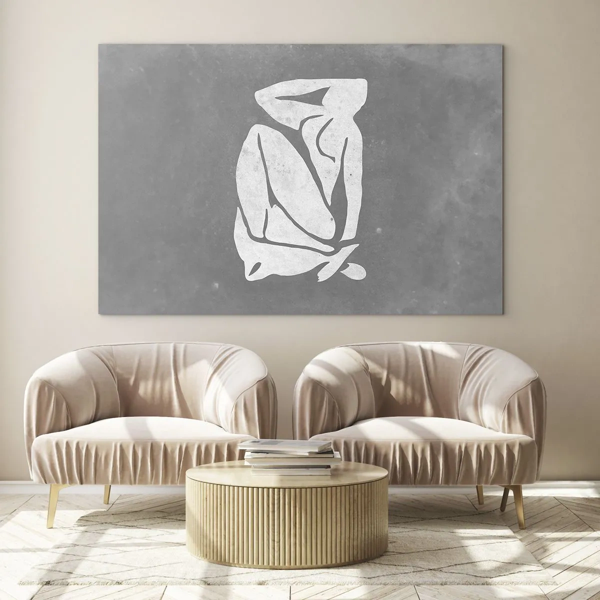 Glasbild - Bild auf glas - Eine minimalistische Silhouette einer Frau auf grauem Hintergrund - 100x70cm - In Gedanken versunken - Moderne Wanddekoration für Wohnzimmer und Schlafzimmer ARTTOR