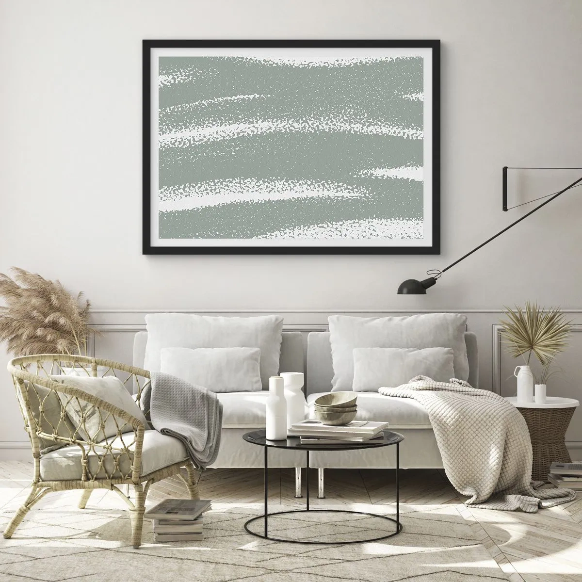 Poster in einem schwarzem Rahmen - Winterwellen in Mint- und Weißtönen - 100x70cm - Abstraktion im Winterklima - Moderne Wanddekoration für Wohnzimmer und Schlafzimmer ARTTOR