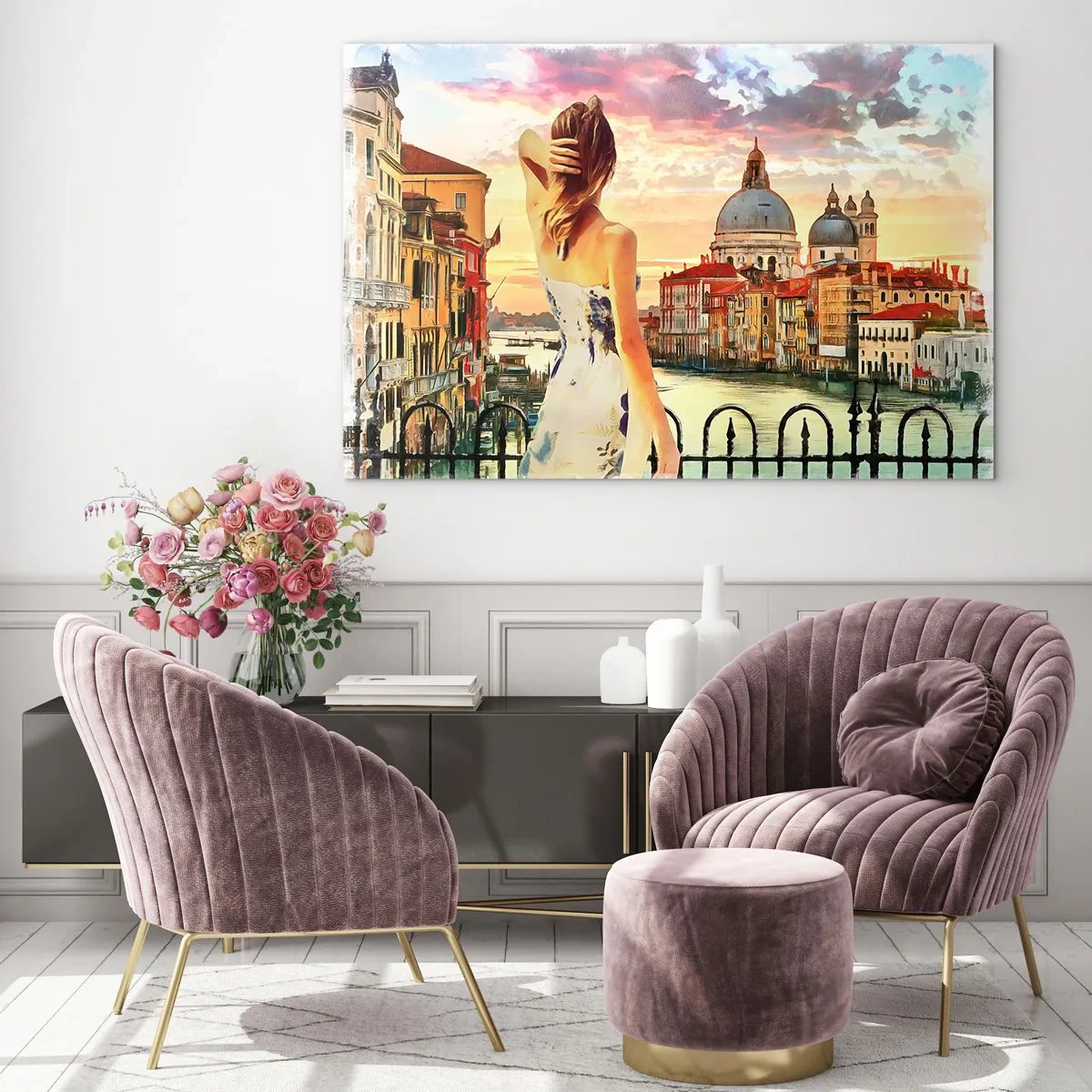 Glasbild - Bild auf glas - Eine Frau bewundert den Blick auf Venedig bei Sonnenuntergang. - 120x80cm - Als Abenteuer nur in ... - Moderne Wanddekoration für Wohnzimmer und Schlafzimmer ARTTOR