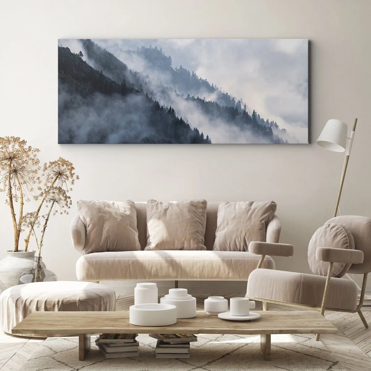 Bild auf Leinwand - Leinwandbild - Nebel schwebt über den bewaldeten Berghängen in einer geheimnisvollen Landschaft - 160x50cm - Mystik der Berge - Moderne Wanddekoration für Wohnzimmer und Schlafzimmer ARTTOR