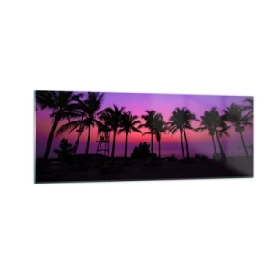 Glasbild - Bild auf glas - Silhouetten von Palmen vor einem rosa-violetten Sonnenuntergangshimmel - 140x50cm - Abend unter Palmen - Moderne Wanddekoration für Wohnzimmer und Schlafzimmer ARTTOR
