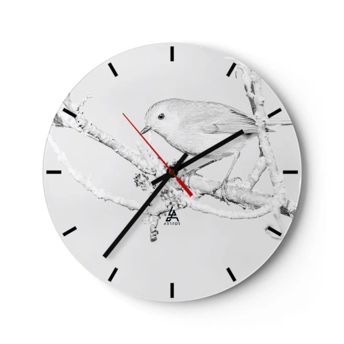 Wanduhr - Glasuhr - Ein Vogel auf einem schneebedeckten Ast in einem skizzenhaften monochromen Stil. - 30x30cm - Wintermorgen - Moderne Wanddekoration für Wohnzimmer, Küche und Schlafzimmer ARTTOR