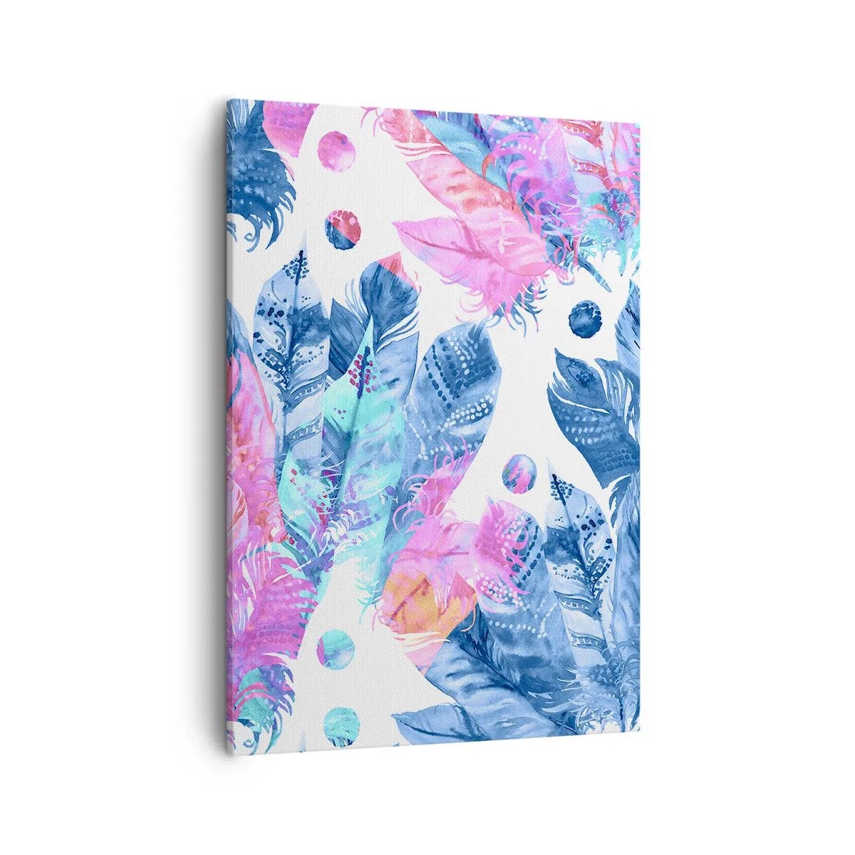 Bild auf Leinwand - Leinwandbild - Abstraktes Muster mit bunten Federn in Pastelltönen - 50x70cm - Pflaumen in Pink und Blau - Moderne Wanddekoration für Wohnzimmer und Schlafzimmer ARTTOR
