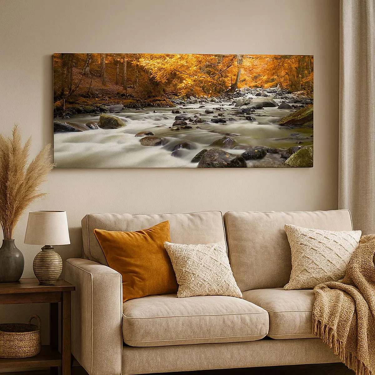 Bild auf Leinwand - Leinwandbild - Ein Bach in einem goldenen Wald - 100x40 cm