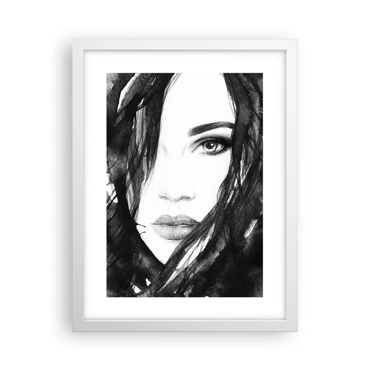 Poster in einem weißen Rahmen - Porträt einer Dame in Schwarzweiß - 30x40 cm