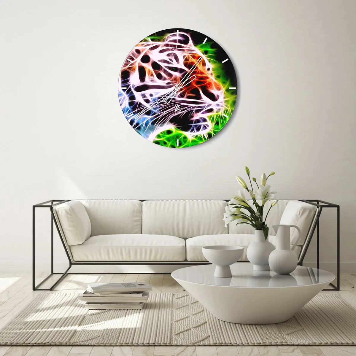 Wanduhr - Glasuhr - Künstlerische Silhouette eines Tigers in Neonfarben - 30x30cm - Schreckliche Aura - Moderne Wanddekoration für Wohnzimmer, Küche und Schlafzimmer ARTTOR