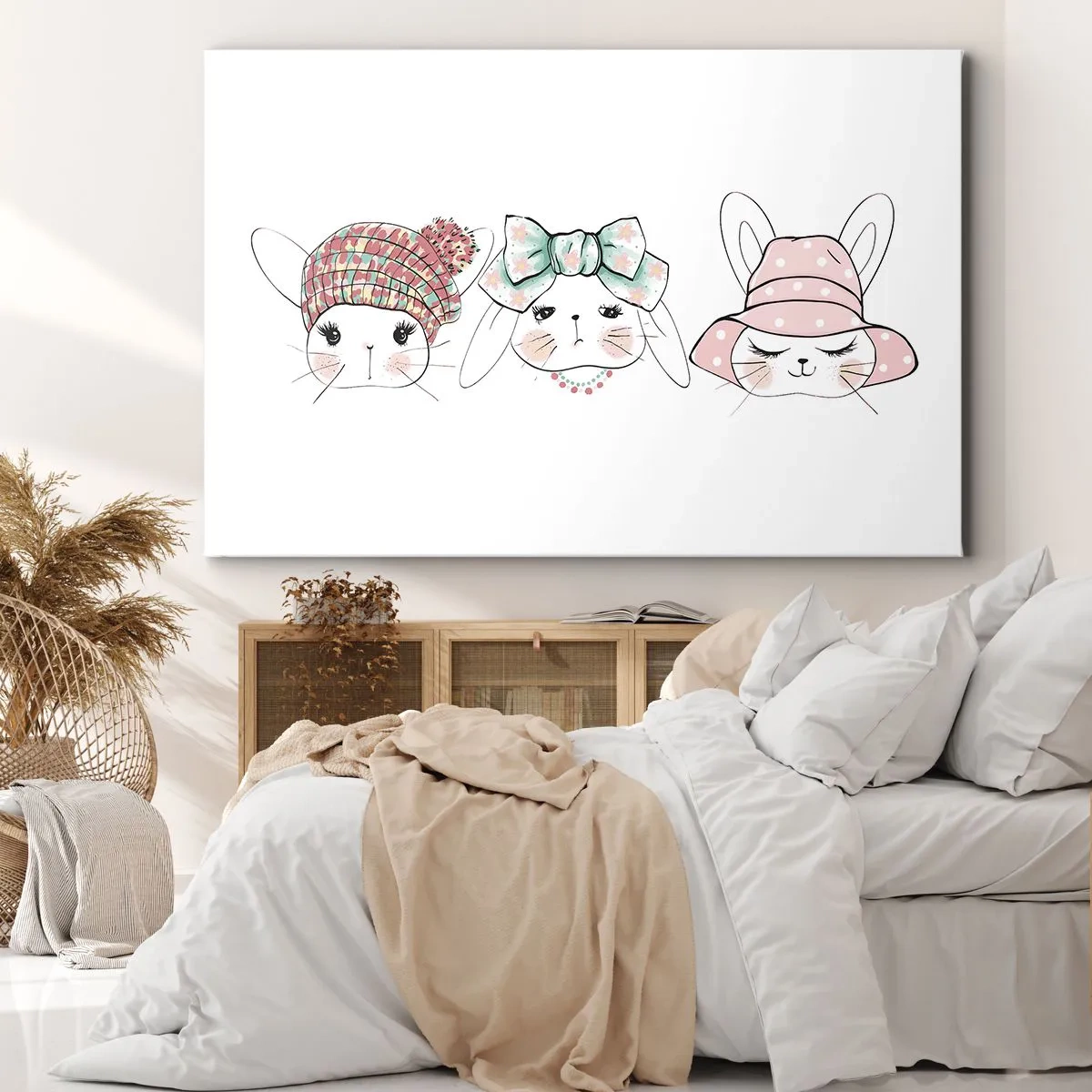Bild auf Leinwand - Leinwandbild - Entzückende Häschen mit pastellfarbener Kopfbedeckung - 70x50cm - Nachdenklich, traurig, zufrieden - Moderne Wanddekoration für Wohnzimmer und Schlafzimmer ARTTOR
