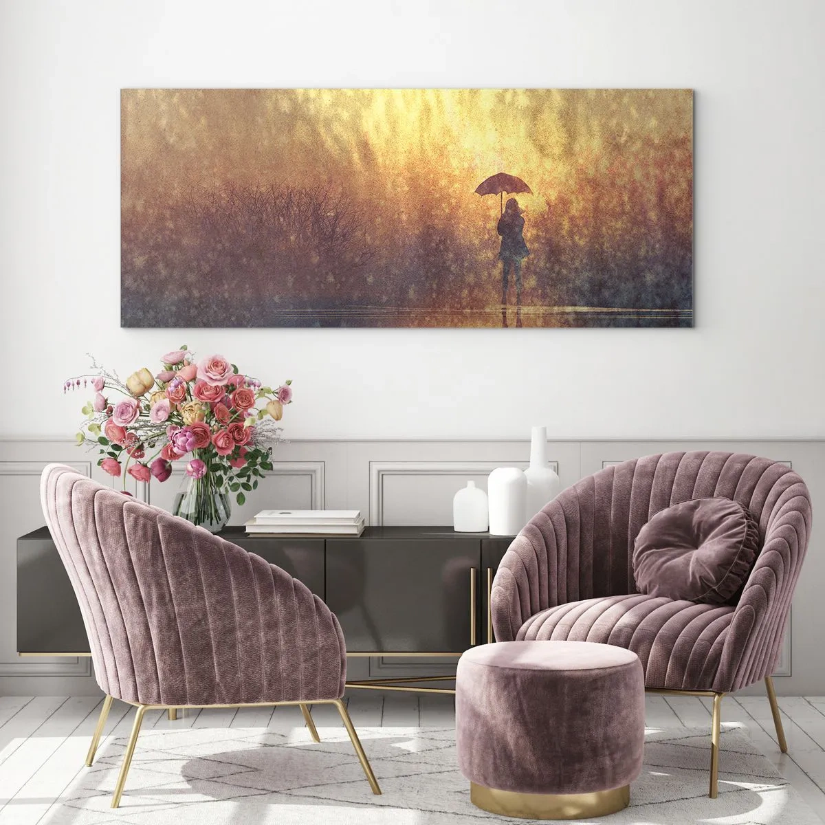 Glasbild - Bild auf glas - Eine Figur mit einem Regenschirm in einer nebligen Landschaft voller Reflexionen - 120x50cm - Ich habe das Gefühl, dass mich jemand ansieht - Moderne Wanddekoration für Wohnzimmer und Schlafzimmer ARTTOR