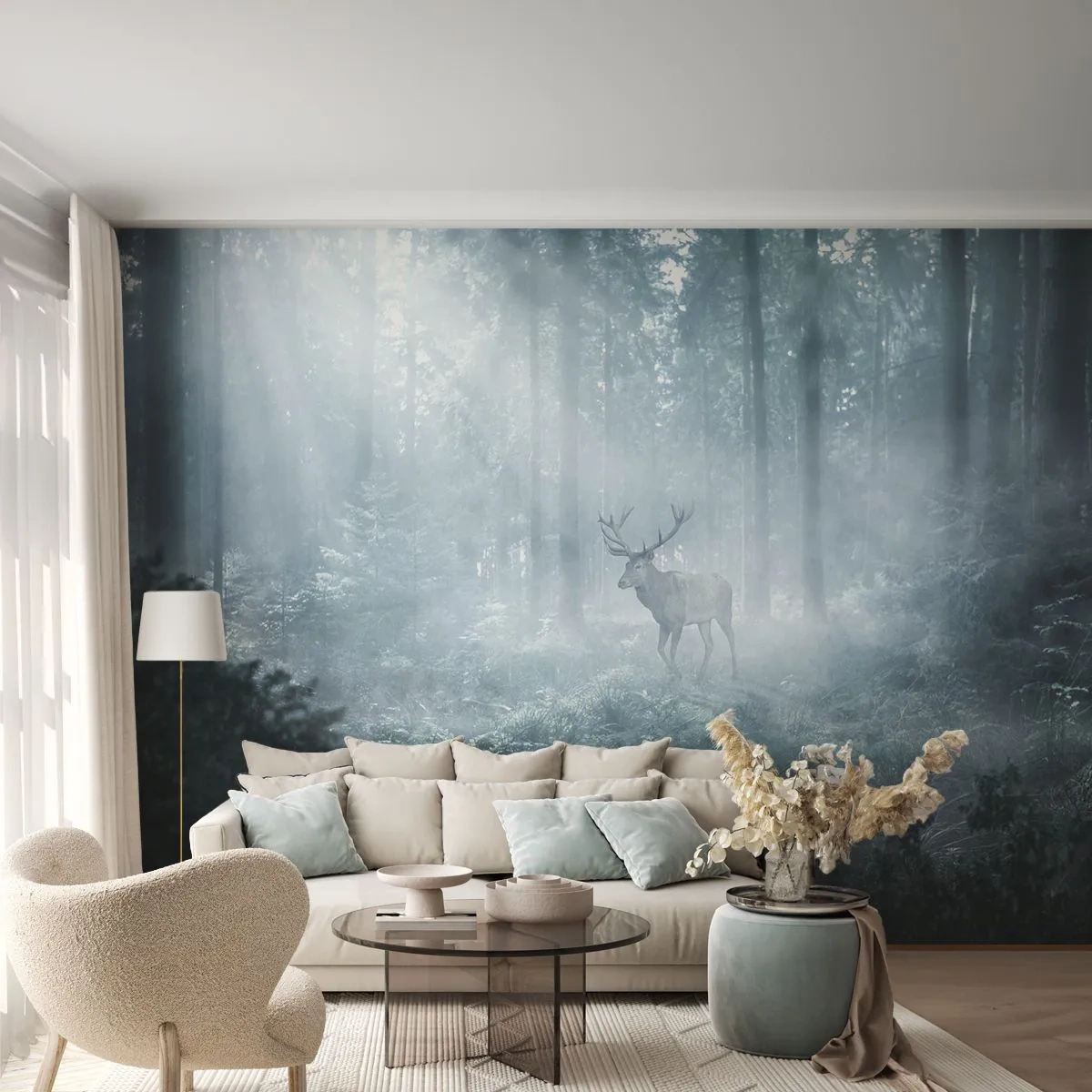 Fototapete Premium Sand - Ein stattlicher Hirsch in einem geheimnisvollen, in Nebel gehüllten Wald - 100x70cm - Morgenvisite auf dem Grundstück - Moderne Wanddekoration für Wohnzimmer und Schlafzimmer ARTTOR