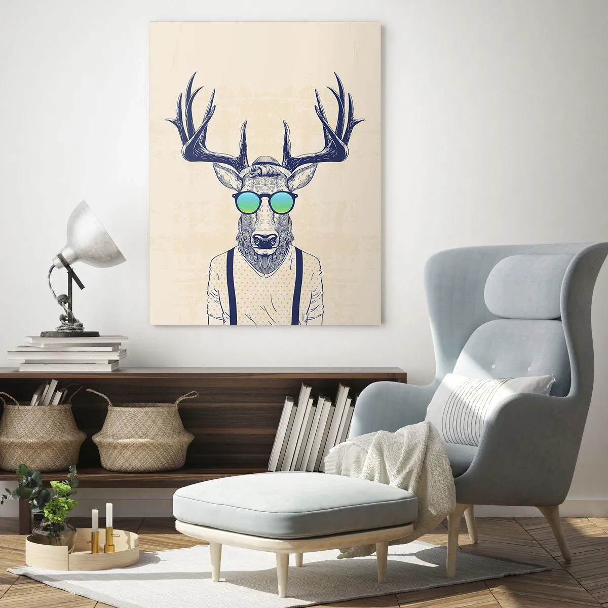 Glasbild - Bild auf glas - Stilisierter Hirsch mit Sonnenbrille - 80x120cm - Wen hast du erwartet? - Moderne Wanddekoration für Wohnzimmer und Schlafzimmer ARTTOR