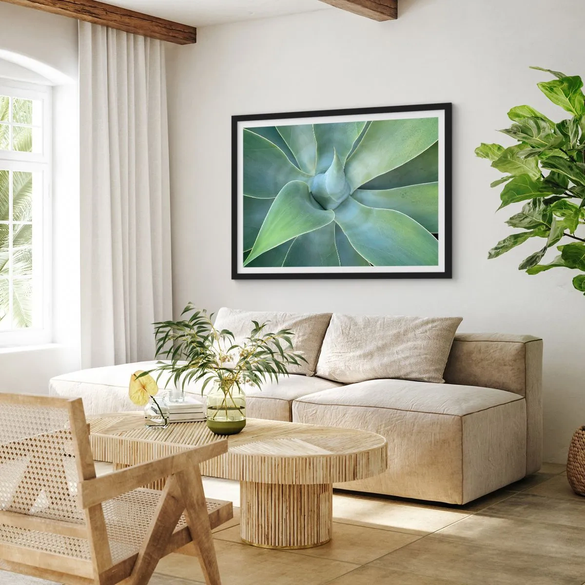 Poster in einem schwarzem Rahmen - Dezente Agavenblätter in Grüntönen - 70x50cm - Geburt des Grüns - Moderne Wanddekoration für Wohnzimmer und Schlafzimmer ARTTOR