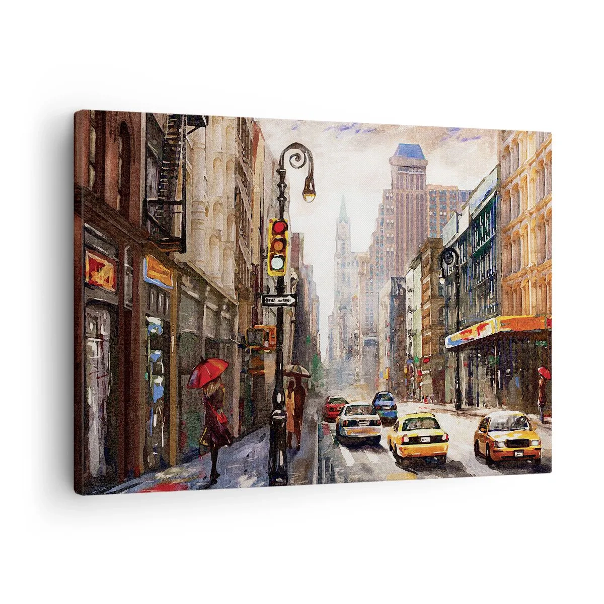 Bild auf Leinwand - Leinwandbild - Stadtbild mit einer Straße und gelben Taxis - 70x50cm - New York - auch im Regen bunt - Moderne Wanddekoration für Wohnzimmer und Schlafzimmer ARTTOR