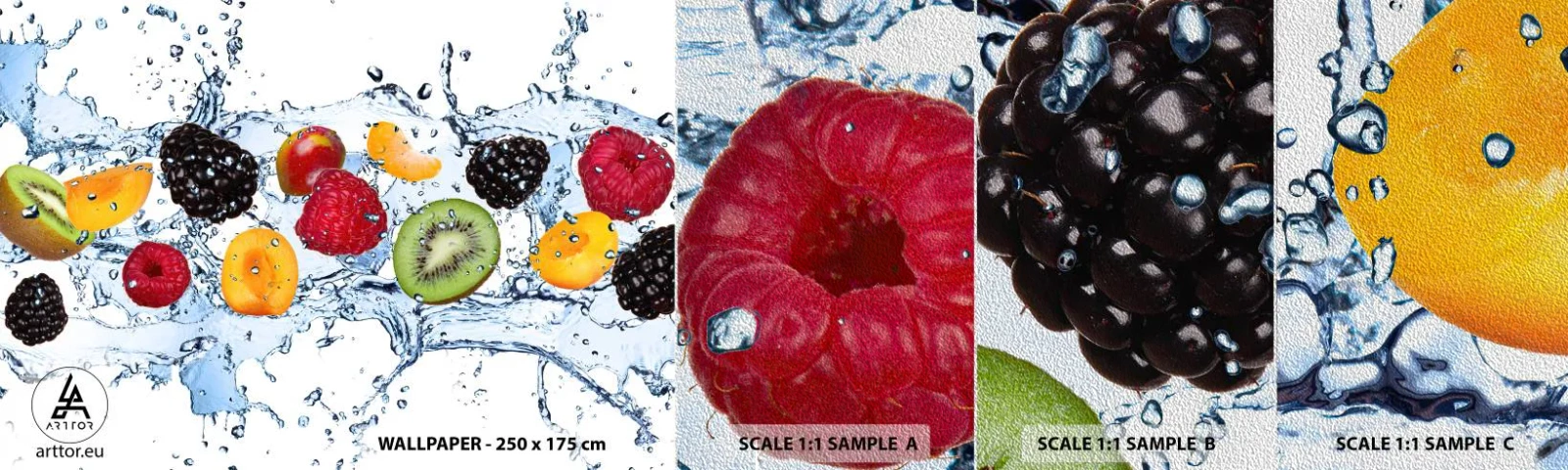 Fototapeten Muster Premium Sand - Viel Spaß mit uns - Obst, Abstraktion, 3D - 100x30 cm