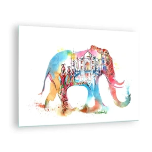 Glasbild - Bild auf glas - Farbenfrohes Aquarellbild eines Elefanten mit indianischem Motiv - 70x50cm - Indien – die Aura der Liebe - Moderne Wanddekoration für Wohnzimmer und Schlafzimmer ARTTOR