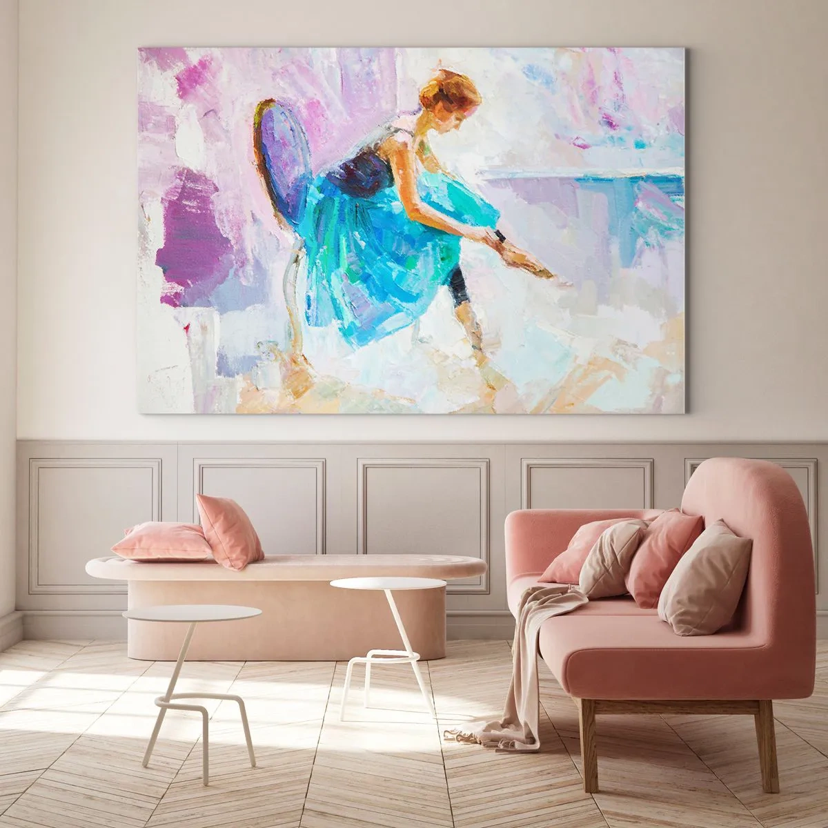 Glasbild - Bild auf glas - Eine Ballerina in einem blauen Kleid vor einem impressionistischen Hintergrund - 70x50cm - Unbeschreibliche Anmut, subtiler Charme - Moderne Wanddekoration für Wohnzimmer und Schlafzimmer ARTTOR