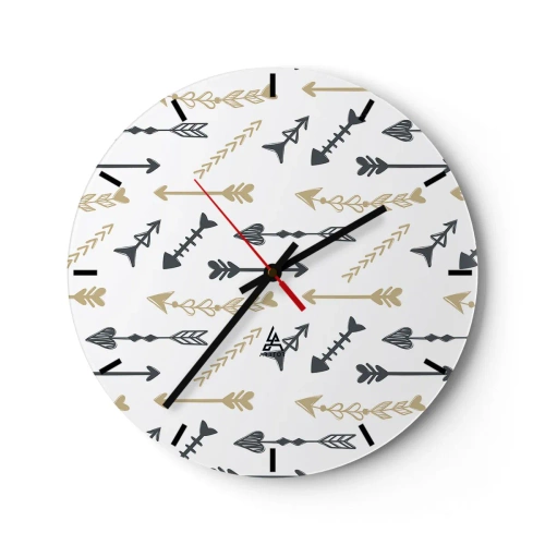 Wanduhr - Glasuhr - Dekoratives Muster mit verschiedenen Pfeilen auf weißem Hintergrund - 30x30cm - Der Traum des Bogenschützen - Moderne Wanddekoration für Wohnzimmer, Küche und Schlafzimmer ARTTOR