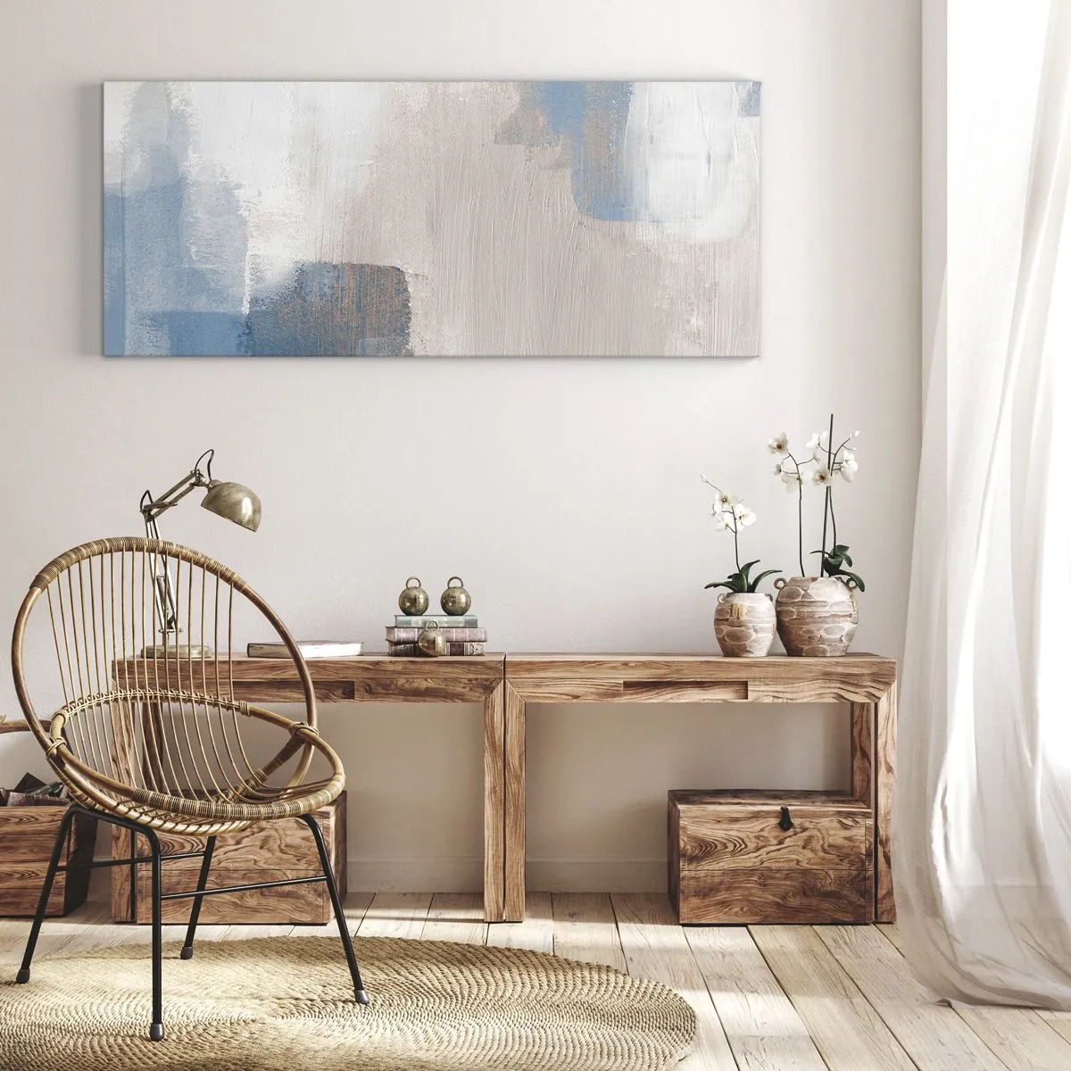 Bild auf Leinwand - Leinwandbild - Rosa Abstraktion hinter einem blauen Vorhang - 90x30 cm