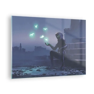 Glasbild - Bild auf glas - Eine Gestalt im Dunkeln, umgeben von schwebenden grünen Vögeln - 70x50cm - Das Leben wird zurückkommen - Moderne Wanddekoration für Wohnzimmer und Schlafzimmer ARTTOR