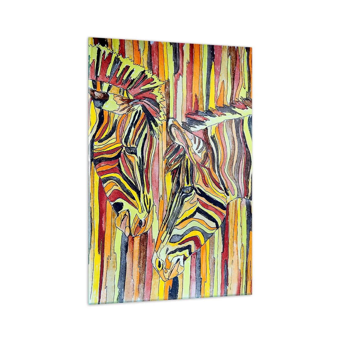 Glasbild - Bild auf glas - Bunte Zebras vor einem Hintergrund aus abstrakten Streifen - 70x100cm - Also du auch... - Moderne Wanddekoration für Wohnzimmer und Schlafzimmer ARTTOR