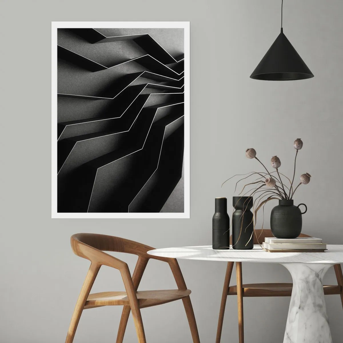 Poster - Eine Schwarz-Weiß-Komposition aus geometrischen, räumlichen Strukturen - 50x70cm - Räumliche Ordnung - Moderne Wanddekoration für Wohnzimmer und Schlafzimmer ARTTOR