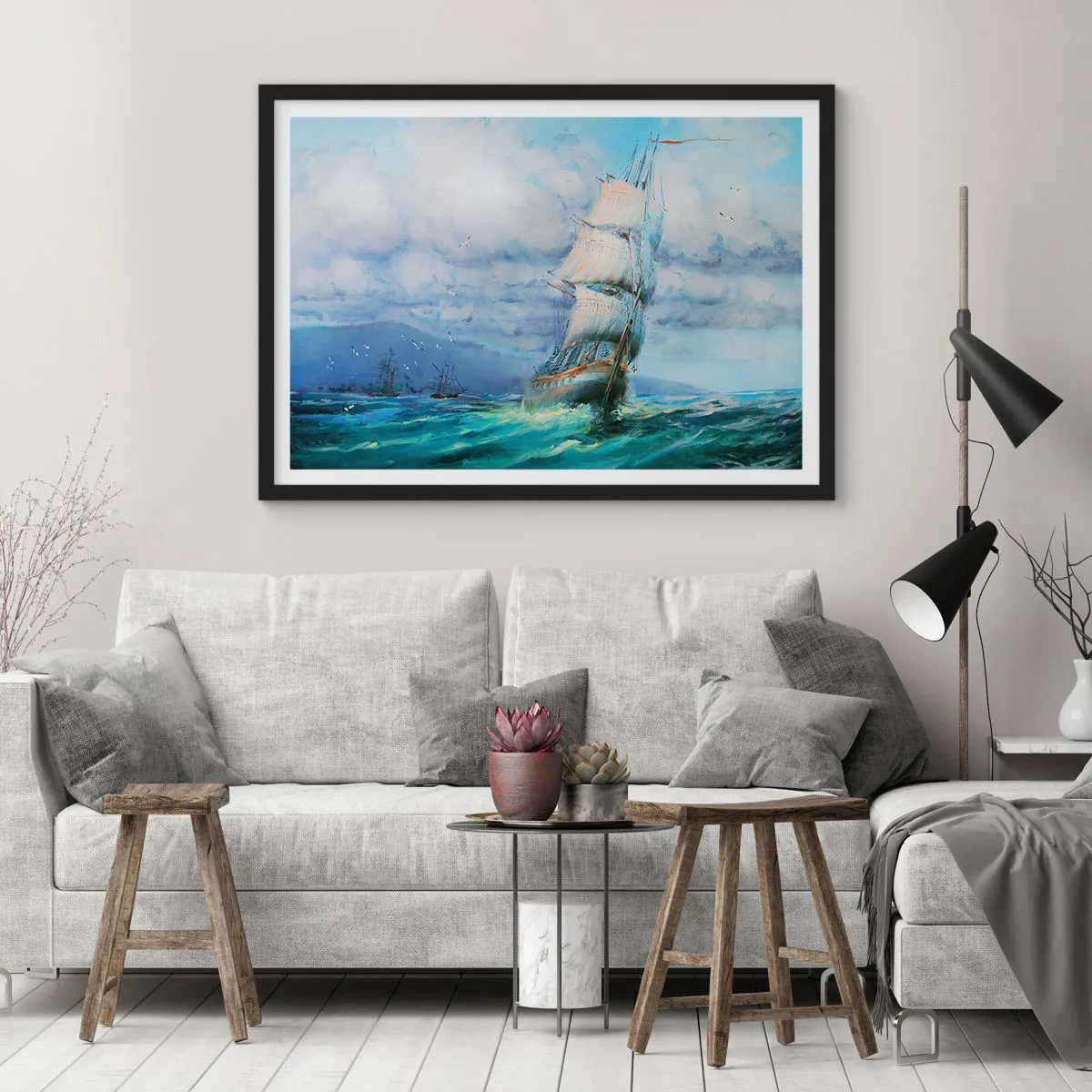 Poster in einem schwarzem Rahmen - Ein Schiff auf stürmischer See - 100x70cm - Guter Wind - Moderne Wanddekoration für Wohnzimmer und Schlafzimmer ARTTOR