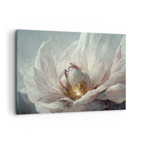 Bild auf Leinwand - Leinwandbild - Eine zarte weiße Blume mit subtilen goldenen Akzenten - 100x70cm - Sie blüht alle hundert Jahre einmal - Moderne Wanddekoration für Wohnzimmer und Schlafzimmer ARTTOR