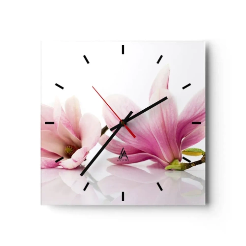 Wanduhr - Glasuhr - Zarte rosa Magnolien auf weißem Hintergrund - 30x30cm - Zart wie ein Frühlingswind - Moderne Wanddekoration für Wohnzimmer und Schlafzimmer ARTTOR