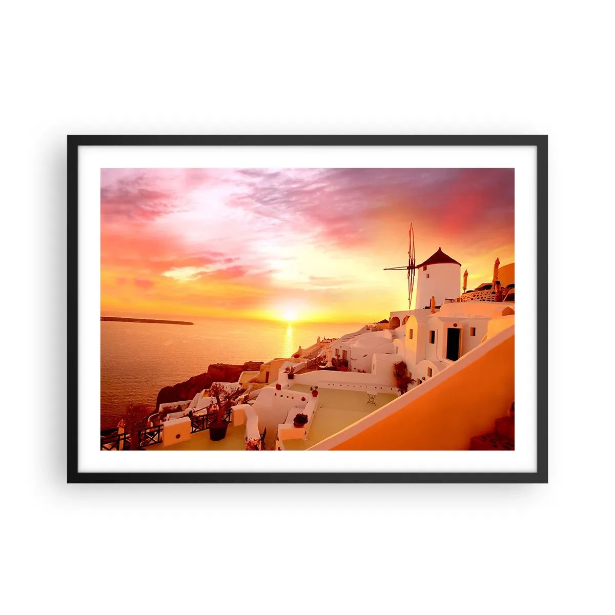 Poster in einem schwarzem Rahmen - Santorini bei Sonnenuntergang mit einer Windmühle - 70x50cm - In Weiß und Gold schmelzen - Moderne Wanddekoration für Wohnzimmer und Schlafzimmer ARTTOR