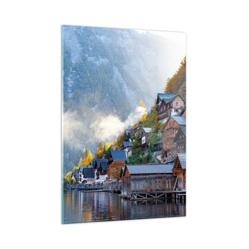 Glasbild - Bild auf glas - Ein Herbstmorgen in einer Bergstadt an einem See - 50x70cm - Alpenatmosphäre - Moderne Wanddekoration für Wohnzimmer und Schlafzimmer ARTTOR