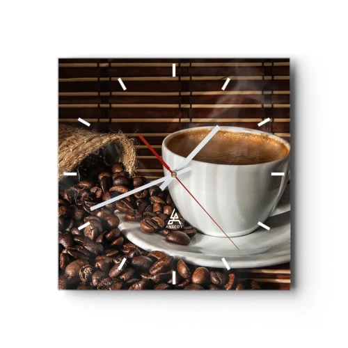 Wanduhr - Glasuhr - Eine Tasse Kaffee mit Bohnen auf Bambus-Hintergrund - 30x30cm - Die Schwärze von Kohle, die Klarheit von Bernstein - Moderne Wanddekoration für Wohnzimmer und Schlafzimmer ARTTOR