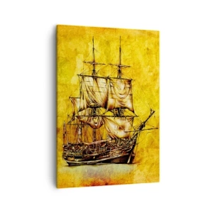 Bild auf Leinwand - Leinwandbild - Eine stilisierte Zeichnung eines Segelschiffs auf goldenem Hintergrund mit Vintage-Feeling. - 50x70cm - Richtung Tortuga! - Moderne Wanddekoration für Wohnzimmer und Schlafzimmer ARTTOR