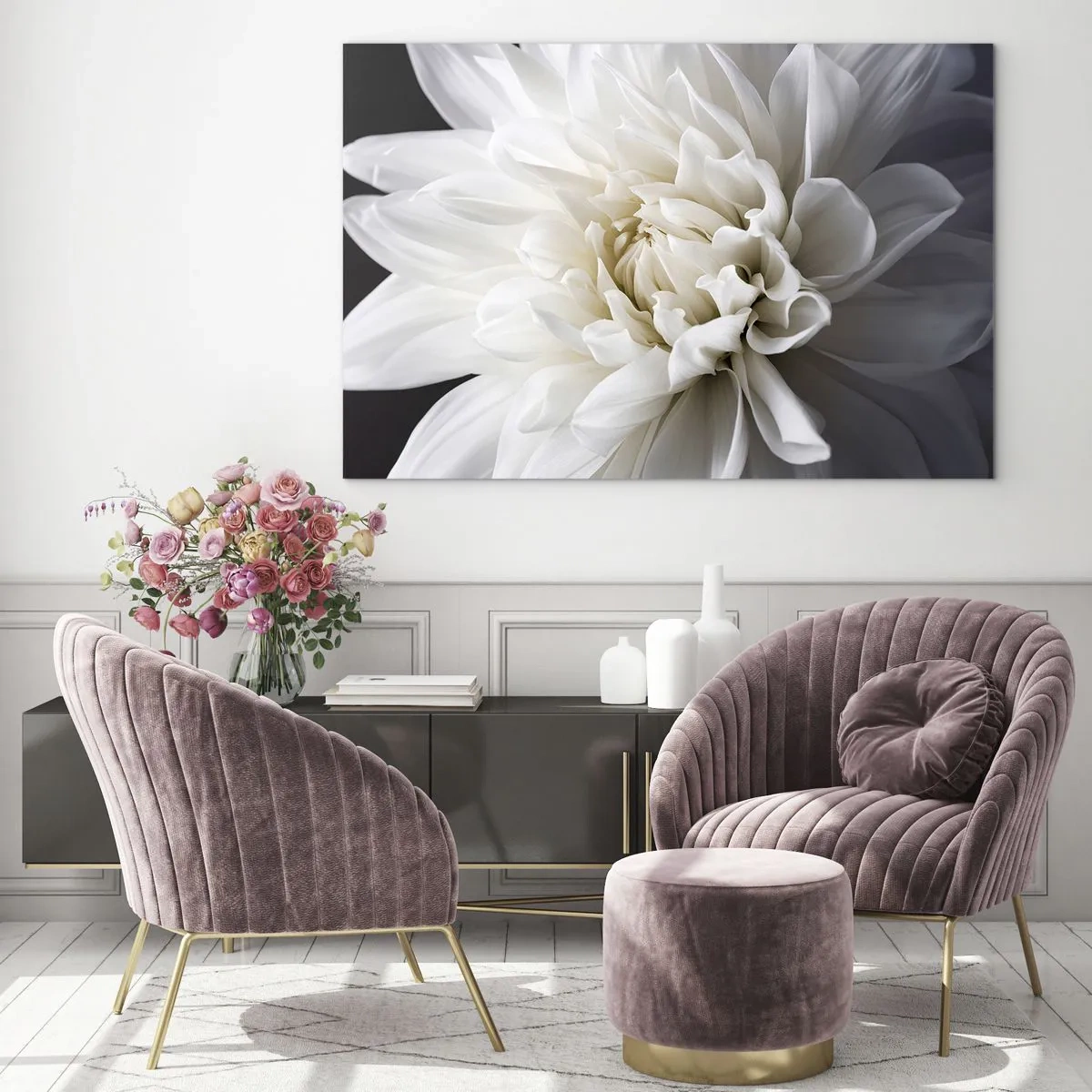 Glasbild - Bild auf glas - Eine Nahaufnahme einer weißen Dahlie auf einem schwarz-grauen Hintergrund - 120x80cm - Der Morgen der Braut - Moderne Wanddekoration für Wohnzimmer und Schlafzimmer ARTTOR