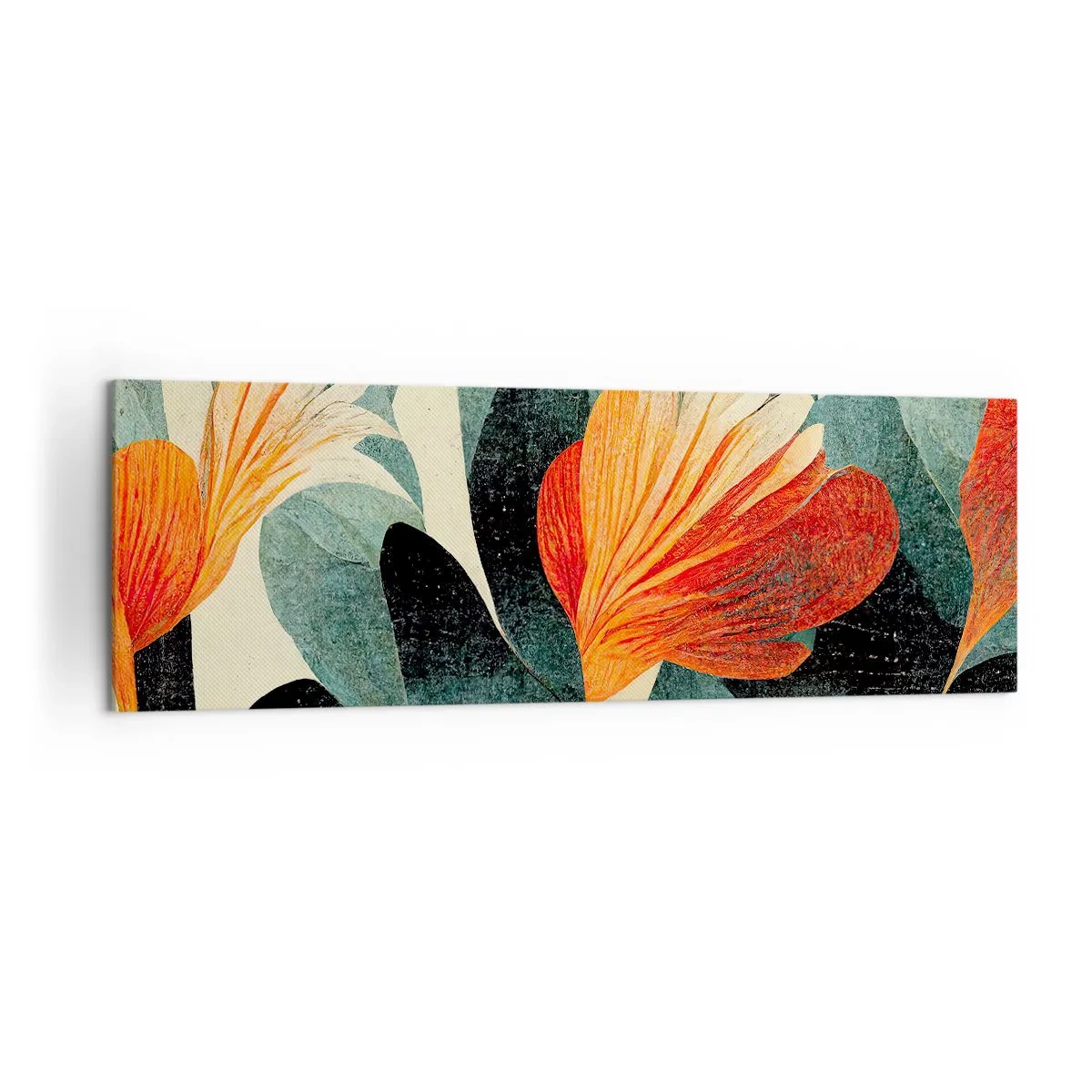 Bild auf Leinwand - Leinwandbild - Blüten in intensiven Orange- und Grüntönen - 160x50cm - Hitze der Tropen und Kühle des Grüns - Moderne Wanddekoration für Wohnzimmer und Schlafzimmer ARTTOR
