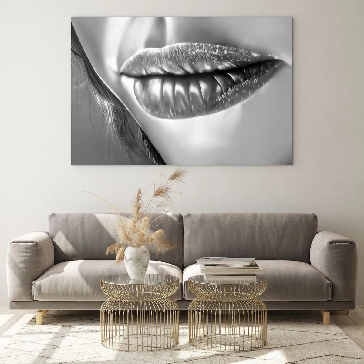 Glasbild - Bild auf glas - Sinnlich-feminine Lippen in monochromen Tönen - 100x70cm - Ich weiß, was du denkst… - Moderne Wanddekoration für Wohnzimmer und Schlafzimmer ARTTOR