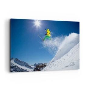 Bild auf Leinwand - Leinwandbild - Skifahrer in der Luft mit Bergen im Hintergrund - 100x70cm - Tanzen mit den Bergen - Moderne Wanddekoration für Wohnzimmer und Schlafzimmer ARTTOR